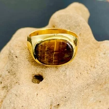 Natural Tiger's Eye Gemstone Gold Plated 925 Sterling Silver Men's Signet Ring
