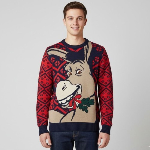 Tipsy Elves 2015 Shrek Donkey Navy Blue & Red Fair Isle Knit Christmas Sweater - Bild 1 von 13