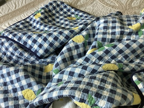 CROWN & IVY 89x85.5in Queen 3PC Set Blanket, Pillow Shams LEMONS Blue Checked, - Picture 17 of 24