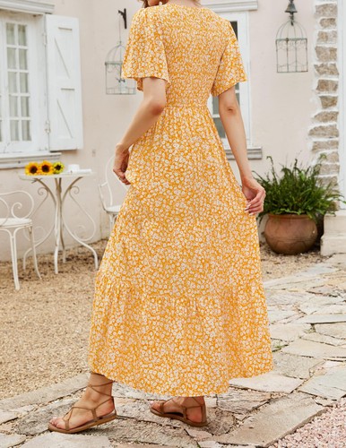 Women's 2025 Summer Casual Floral Print Short Flutter Sleeve Crew Neck Smocke... - Photo 3/6