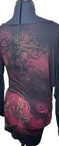 Vintage In Vein Affliction Y2k Dress/Top Womens Cross Rhinestone Batwing FLAWS - Picture 3 of 9