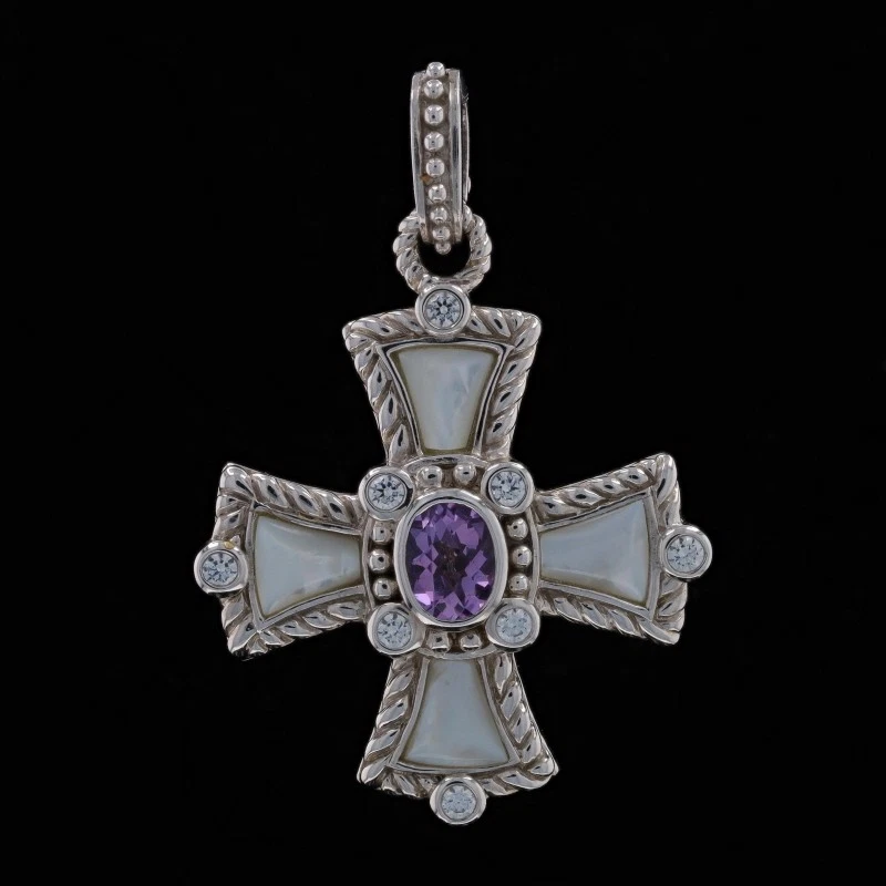 Judith Ripka Amethyst Mother of Pearl Cubic Zirconia Cross Enhancer Pendant 925 Foto 2 de 4