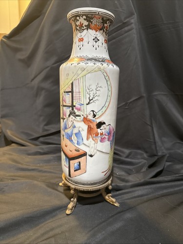 Chinesische Republik Porzellan große handverzierte Vase Messingsockel rotes Siegel 16i - Bild 6 von 16