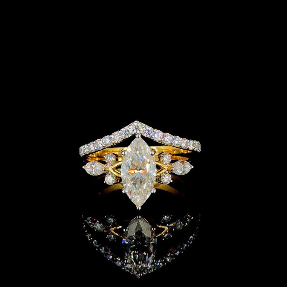 Conjunto de anel de noivado de ouro amarelo 14K com diamante criado em laboratório corte marquesa FN - Imagem 3 de 4