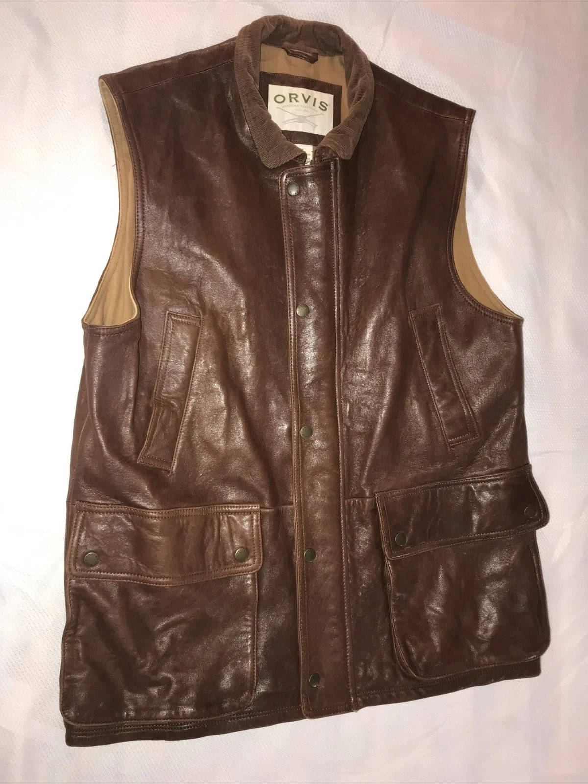 Orvis Leather Vest Mens SZ M Brown Cargo Outdoor Hunting Jacket Soft Munitions