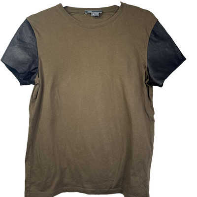 Vince Black Lamb Leather Sleeve Cotton Tee Olive Green Womens Med Luxury modern
