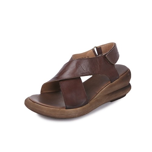 Retro Damen Plateau Echtleder offene Zehenpartie hoher Keilabsatz Sandalen Fersenriemen Gr. - Bild 4 von 19