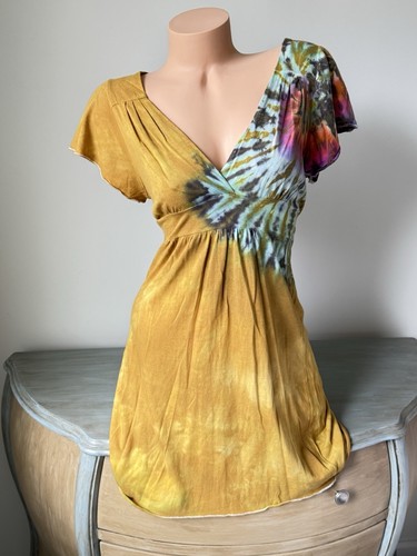 Tie Dye Brightly Twisted Dress Juniors L Spiral Boho Hippie Surplice Gold