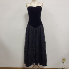 Vtg Velvet Lace Whimsigoth Midi Dress Size M Gothic Basque Waist Victorian Black