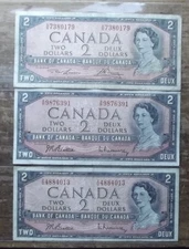BANK OF CANADA 3X 1954 $2.00 CIRCULATED NOTES--