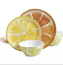 Gibson Home Sunny Citrus 12 Piece Round Melamine Dinnerware Set  New in Box 