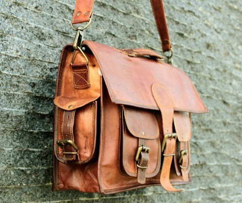 New Men's real goat Leather messenger shoulder bag vintage briefcase laptop bag. - Picture 4 of 7