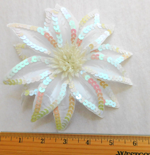Sequin Flower Hair Clip White Glitter Bridal Ponytail Band Pin 6 Inches Wide - Picture 5 of 6