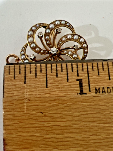 Algerian Knot Pendant Watch Holder Brooch 14K Gold Diamonds Seed Pearls - Bild 3 von 4
