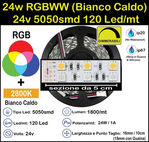 Strip RGBWW (Bianco Caldo) 12/24w 24v 5050 60/120 Led/m kit 5>15m Striscia Led - Foto 3 di 13