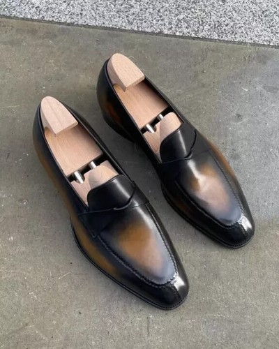 Handmade Men Tan & Black Patina Leather Slip-On Loafers Dress Shoes For Wedding