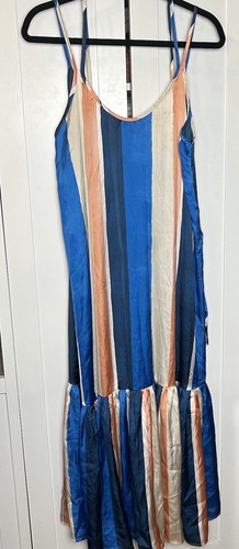 H&M LEMLEM Women’s LACING Satin look MIDI BLUE STRIPED DRESS SIZE SMALL - Picture 4 of 22