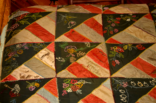 Antique 1889 Embroidered Quilt Pictorial Hand Stitched Crazy Half Square stripe - Picture 8 of 18