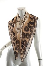 HALSTON Espresso Tan Cream 100 Silk ChiffonLeopard Print Scarf 32" x 33"