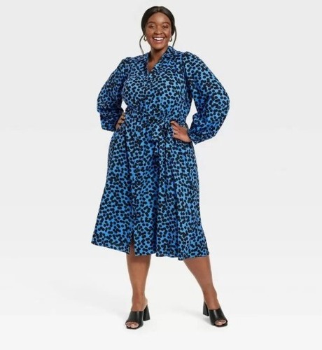 Women's Balloon Long Sleeve Shirtdress Ava & Viv Blue Polka Dots Size XXL - Picture 4 of 4