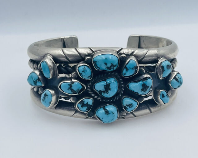 Antique Old Pawn Navajo Sterling Silver Blue Turquoise Heavy Cuff Bracelet Antique Old Pawn Navajo Sterling Silver Blue Turquoise Heavy Cuff Bracelet