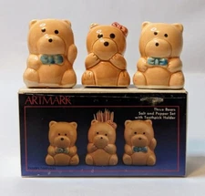 Vintage Artmark "Three Bears" Salt and Pepper Shakers With Tooth Pick Holder