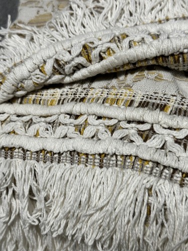 Vintage Handmade Matelasse Bedspread Cream Gold Brown Gray Floral With Fringe - Picture 15 of 15