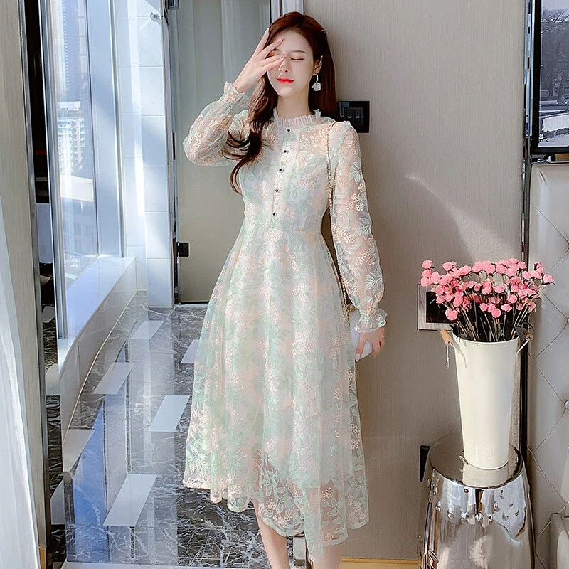 Ladies Lace Dress Long Sleeve Floral Embroidered Tunic Mesh High