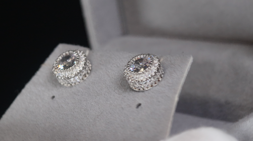 Mens Iced Out Ear Studs | Silver Diamond Ear Studs | Hip Hop Diamond Ear Studs - Picture 5 of 7