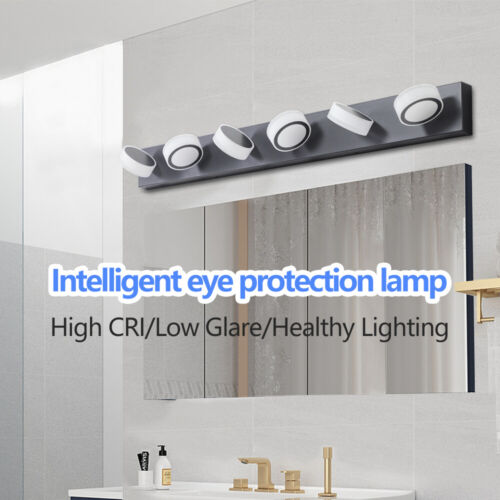 45'' Vanity 6 Light Rotating Round LED Black Bathroom Mirror Wall Lamp Fixture - Picture 5 of 9