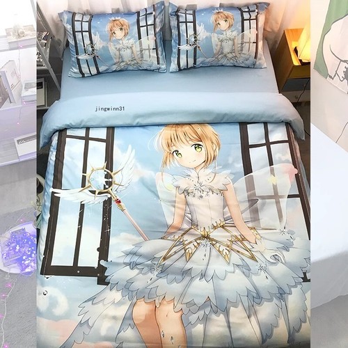 Cartoon SAKURA Bedding Set Anime KINOMOTO Girl Pillowcase Quilt Cover Bed Sheet - Picture 1 of 36