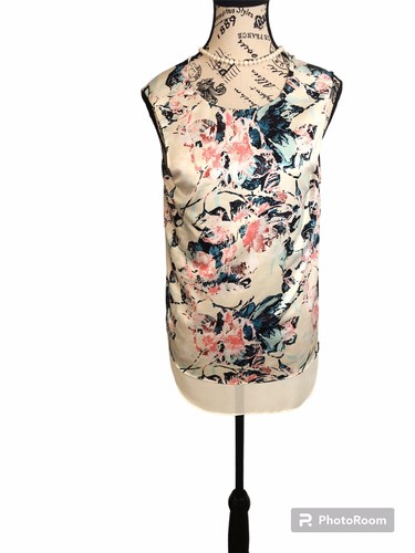 Cooper And Ella Small Chiffon Blouse Beige Blue Floral Silky Layered Sleeveless