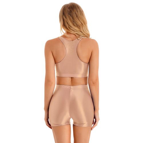 Womens Workout Set Glossy Gym Crop Top with Shorts Outfit Swimsuit Tracksuit - Picture 43 of 174