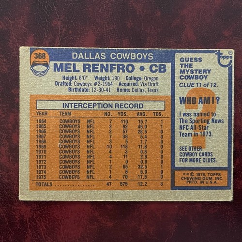 1976 Topps Set MEL RENFRO #368 DALLAS COWBOYS - VG-EX - Picture 2 of 2