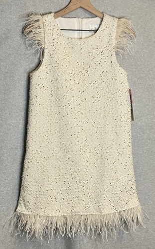 NEW Rare Editions Girls Sz 16 Dress Cream Sleeveless Foil Boucle w/Faux Feathers
