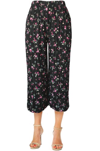 Womens Pleated Wide Leg Cropped Capri Mid Cuff Culotte Pants - Picture 6 of 25