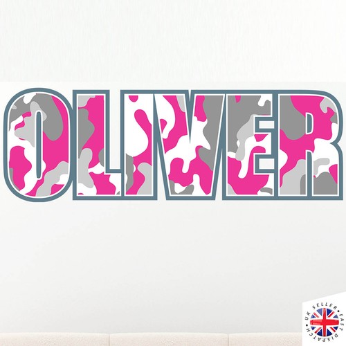 PERSONALISED CUSTOM NAME Wall Decal Sticker Vinyl PINK CAMO ARMY PRINT - Picture 2 of 8