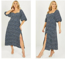 Brand New QUIZ Curve Navy & Blue Print Side Slit Midi Dress PLUS Size 24 (22)