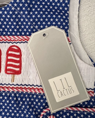 LIL CACTUS NWT Shortall Jon Jon Smocked Flag Popsicle 4th July Red Blue Star $32 - Picture 7 of 7