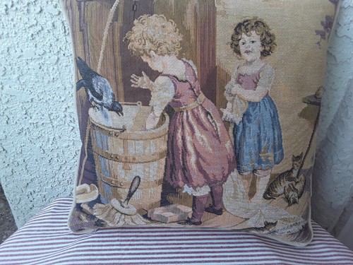 FRENCH TAPESTRY COVER PILLOW CASE TWO GIRLS IN A WASH ROOM (18"×18") - Picture 6 of 15