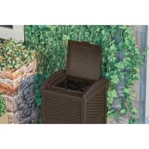 outdoor trash hideaway | suncast garbage patio can deck waste lid java bin resin - Picture 11 of 12