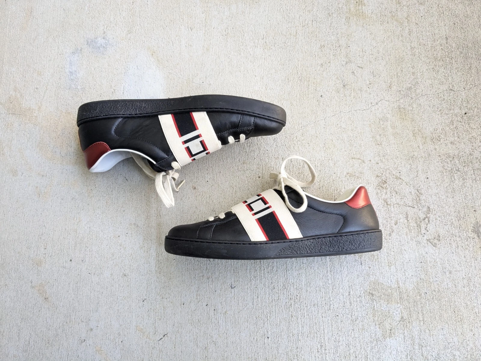 Gucci Ace Baskets Rayure Web Élastique Noir Homme 8 Chaussures Cuir Bas 523469