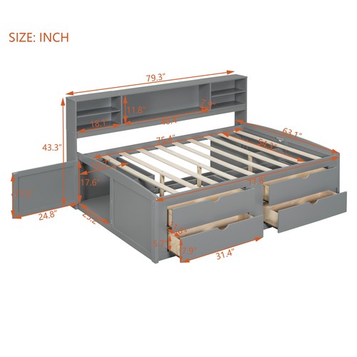 Full Size Wood Daybed Sofa Bed Slatted W/ 2 Cabinets Side Shelves 4 Drawers Gray - Picture 5 of 9