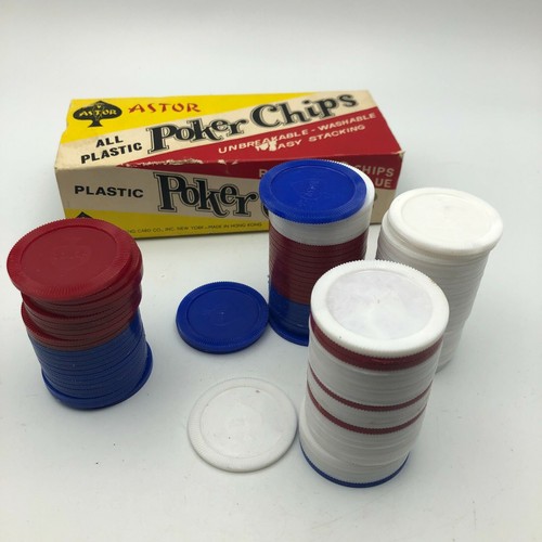 Astor Poker Chips Red White Blue Box Of 100 Plastic Orig Box Hong Kong Vintage - Picture 9 of 12