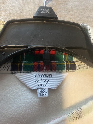 NWT Crown & Ivy Women's Plus Ivory Green Red Plaid Fleece Pullover Size 2X - Picture 3 of 8