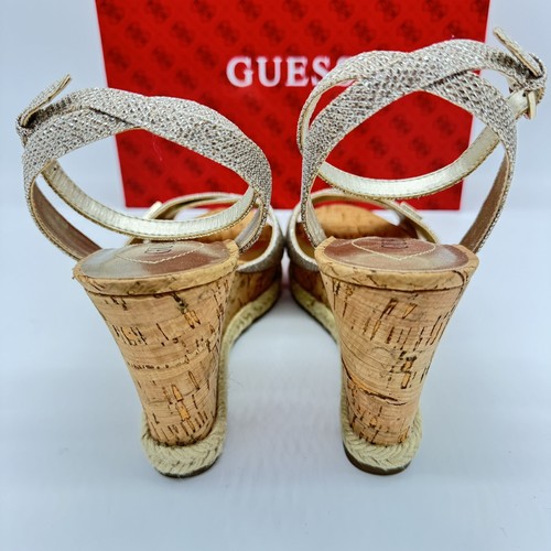 Guess Gold Strappy Cork Wedge Sandals Women’s Size 8M Espadrilles New In Box - Picture 6 of 10