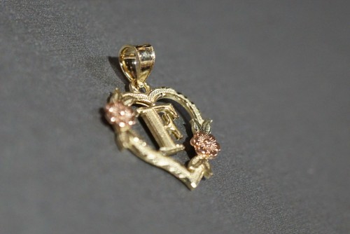10K massives Gelbgold 0,75" Diamantschliff Initiale Herz mit Rose Charm Anhänger. - Bild 41 von 146