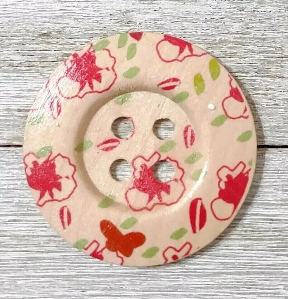 natural wood large button sewing 4 holes 2 inch red butterfly 1pc new - Image 2 of 2