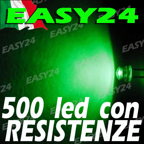 500 DIODI LED VERDE VERDI ALTA LUMINOSITA' 180 gradi 5 mm con resistenze - Foto 1 di 1