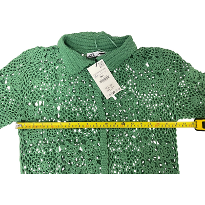 Zara Womens Crochet Knit Polo Top XS S Green Button Closure